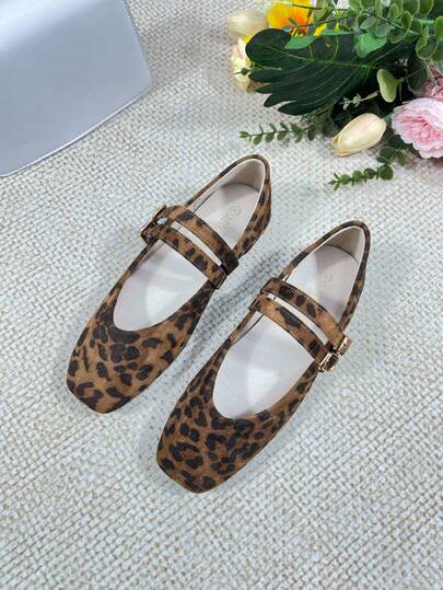 Women's Fashion Square Toe Leopard Print Mary Jane Shoes, Gold Buckle Decor Flat Shoes, Casual Office Versatile Slip-On Shoes, Outdoor Leisure High-End Elegant Shoes, Summer Mary Jane Ballet Shoes