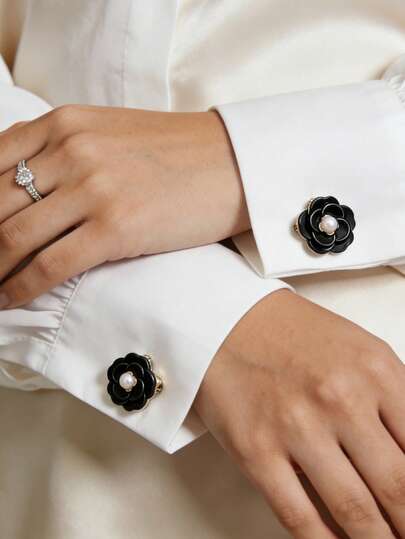 2pcs Fashionable Faux Pearl Rose Cufflinks, Women's Brooch Button Cover, Fashionable And High-End Turtle Buckle, Cinch Clip, Tie Clip, Women's Accessories, Women's Party Light Luxury Show Temperament Clothing Cuff Cover, Suitable For Daily Use, Friend Gift, Lover Gift, Family Gift