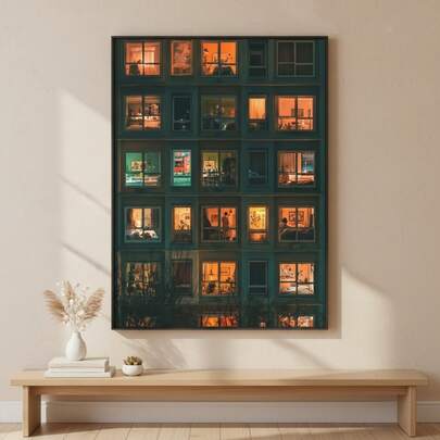 一幅描绘夜晚众多灯光璀璨的窗户的无框帆布墙画，采用现代复古风格，高品质印刷，是家居、办公室、客厅等场所的精致装饰画。