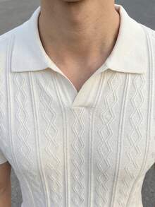 ALTZTAR Men's Cable Cable Short Sleeve Ribbed Casual Knit Seagull Collar Top - White - View 4
