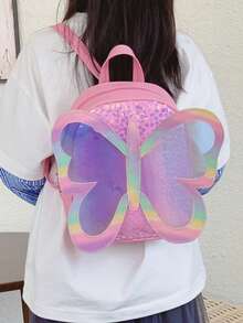 Laser Butterfly Girl Backpack, Glitter Sequin Mini Backpack, Lightweight Cute Schoolbag - Pink - View 3