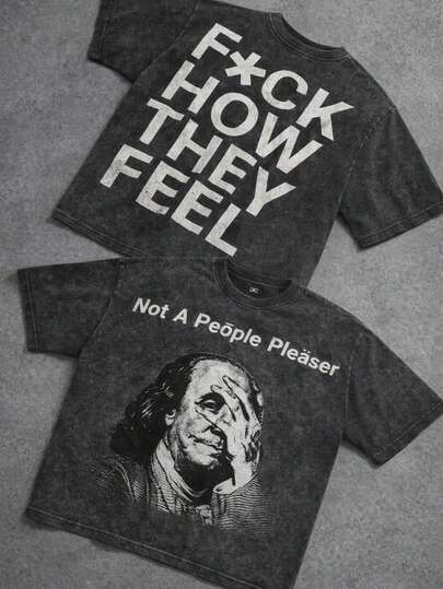 Plus Size Vintage Wash 100% Cotton Crew Neck T-Shirt, Slogan Quote Graphic, Bold Statement Streetwear Casual Daily Unisex Relaxed Fit