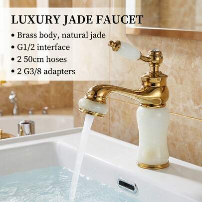 حنفية حمام بمقبض واحد ساخن وبارد ذات لمعة ذهبية وتشطيب شبه رخامي أبيض، حنفية بحوض الحمام، 1 قطعة، مع خرطومين بطول 50 سم و محول G3/8