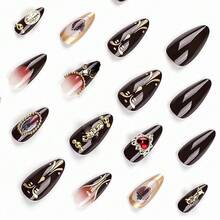Almond Press On Nails Medium Fake Nails Brown Fall Glue On Golden  Baroque Art Acrylic Nails 3d Heart Charm Metallic Ball Design Stiletto Manicure Stick On False Nails - 酒紅色 - 查看 6
