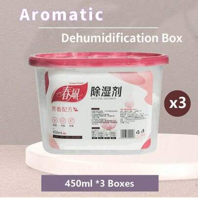 3盒450毫升装家用除臭除湿盒，含花香，大容量水箱，快速吸湿，适用于衣柜、橱柜、壁橱等密闭空间。