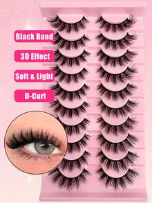 10 Pairs Natural Style False Eyelashes, Soft 3D Faux Mink Lashes, Reusable, Suitable For Daily Makeup - Black - View 3