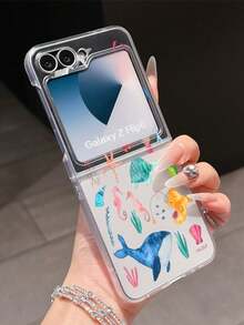 1pc Fashionable Simple Matte PC Material Simple And Cute Ocean Bottom Fish Element Folding Phone Case, Can Protect And Prevent Falling For: SamsungGalaxy Zflip 3/Zflip 4/Zflip 5/Zflip 6/Zflip 7/ Find N3 Flip/ Razr 50 Ultra/ Razr 60 Ultra/ 60/ Lola Razr 50/XiaomiMIX Flip/Galaxy Z Flip7 FE - Clear - View 9