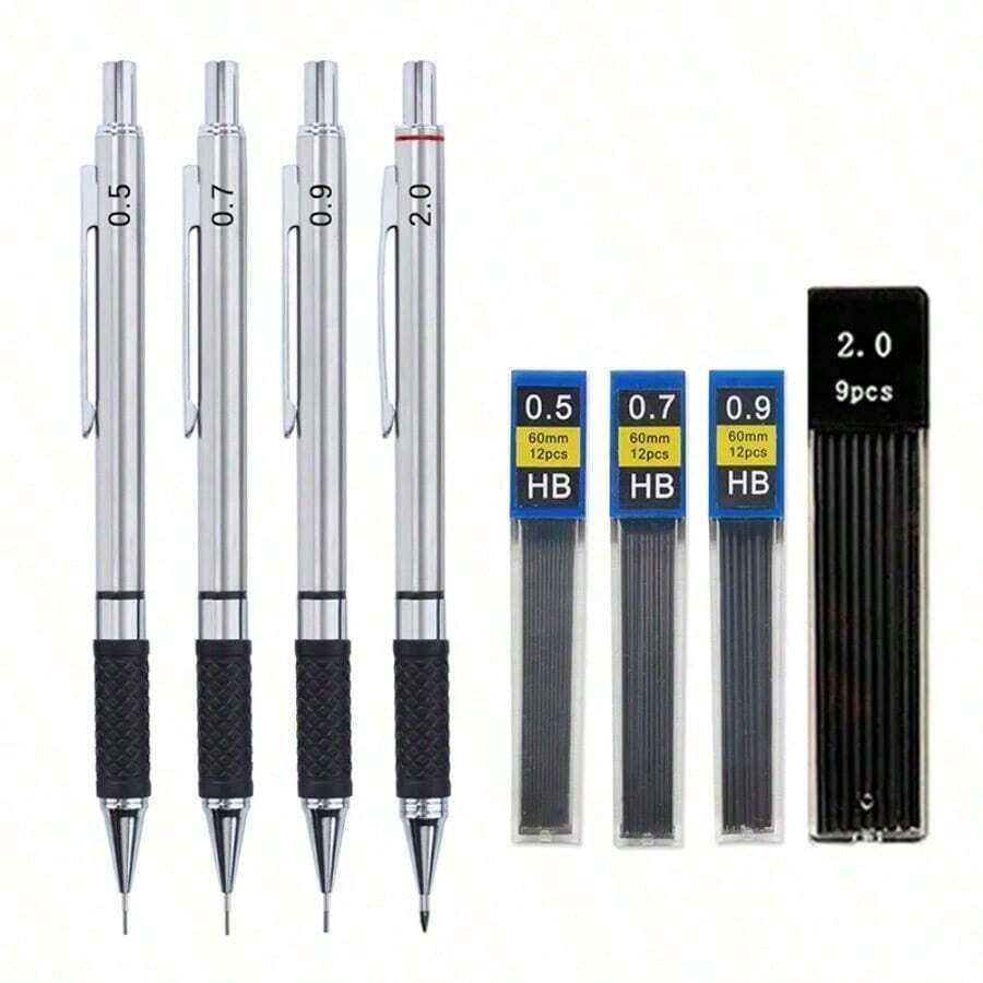 Metal Mechanical Pencil Set With Pencil Grip Leads Art Drawing Student Office Supplies 0.5/0.7/0.9/2.0mm Automatic Pencil - Sets - View 1