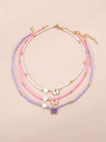 3pcs/Set Girls Colorful Beaded Hearts And Butterfly Necklace Combo - Multicolor - View 6