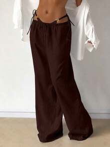 Pantalones anchos de lino sueltos, cómodos y versátiles para mujer, ideales para primavera - Marrón - Ver 6