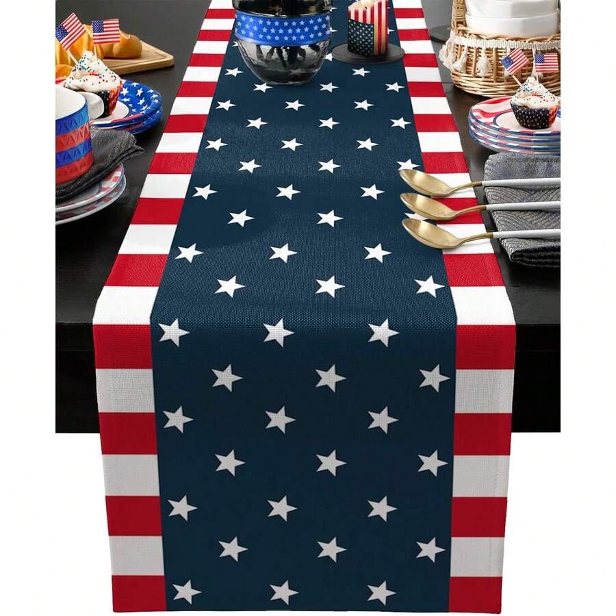 1pc American Flag Table Runner, 33cm X 183cm, Suitable For July 4th Independence Day, Memorial Day, Kitchen Dining Table Decor, Home Party Decoration - Blue - View 1