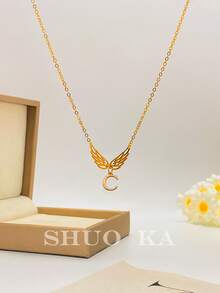 1pc Minimalist European & American Style 26 Letter Hollow Angel Wing Pendant, Suitable For Daily Wear Women Necklace - Gold - View 3