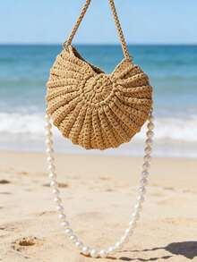 Crochet Shell Straw Bag With Pearl Chain, Bohemian Woven Crescent Handbag, Detachable Faux Pearl Strap Beach Bag For Summer, Ideal For Vacation, Wedding & Daily Outfits, Suitable For Women, Brides & Fashion Enthusiasts, Perfect For Spring Break, Beach Trips & Gifting, Versatile As Shoulder Bag, Clutch & Bridal Accessory - Multicolor - View 1