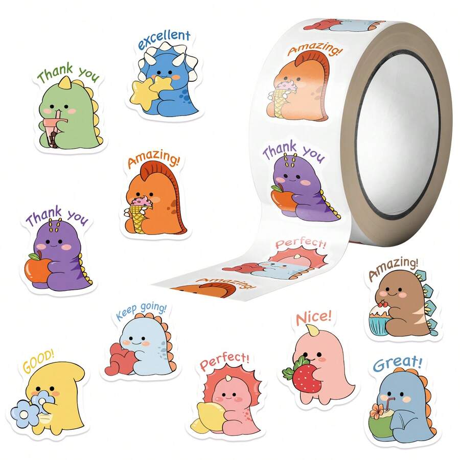 500张儿童奖励恐龙贴纸卷，美观乙烯基材质，高品质贴纸，可用于剪贴簿、日记、笔记本电脑、保险杠、滑板、水瓶、电脑、手机等，为您的生活增添许多乐趣。 - 兒童獎勵恐龍貼紙卷 - 查看 1