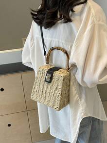Summer Holiday Handmade Woven Bag, Straw Bamboo Handle Tote Bag For Women, Gift Box Set, Crossbody Bag, Souvenir Gift - Beige - View 5