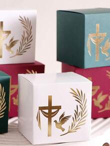 5 hộp quà tặng tôn giáo trang nhã, hình thánh giá có khăn choàng, chim bồ câu và cành cọ, dập nổi vàng, thích hợp cho đám cưới và lễ rửa tội. - Nhiều màu - Xem 2