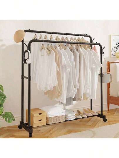 1pcs Stand-Alone Clothes Rack, Iron Multifunctional Storage Rack With Hook And Drying Organizer, Space-Saving Vertical Design Is Suitable For Multi-Purpose Indoor/Outdoor Iron Clothes Rack In Balcony, Laundry Room And Cloakroom.