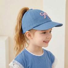 1pc Girls' Blue Embroidered Bow Baseball Cap, Ponytail Hole, Breathable UV Protection, Adjustable Children Sun Hat - 1PC - View 10