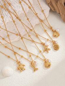 1件不锈钢海洋系列精致珍珠链项链，配海星、贝壳、小鱼吊坠，适合日常和节日佩戴 - 金色 - 查看 3