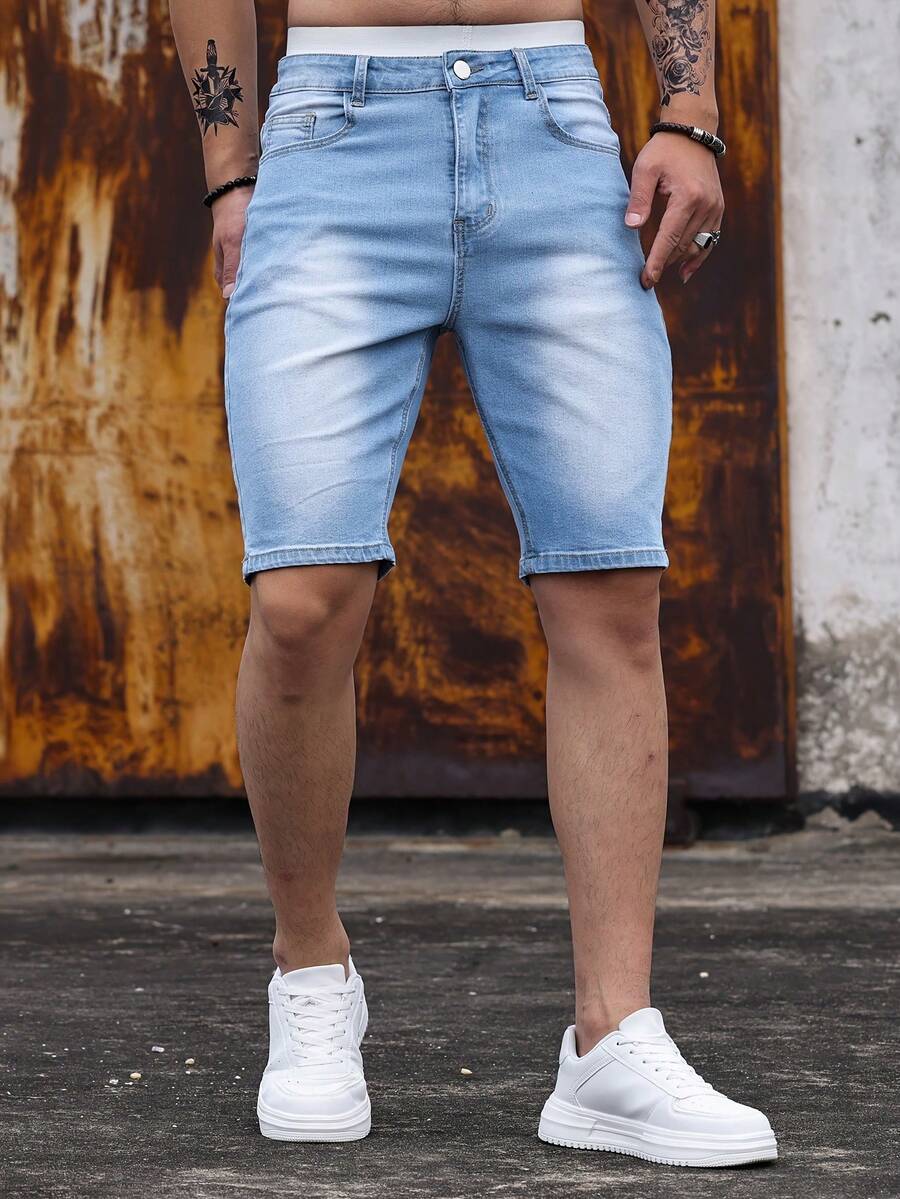 Men's Casual Street Style Skinny Stretch Denim Shorts - Light Wash - View 1