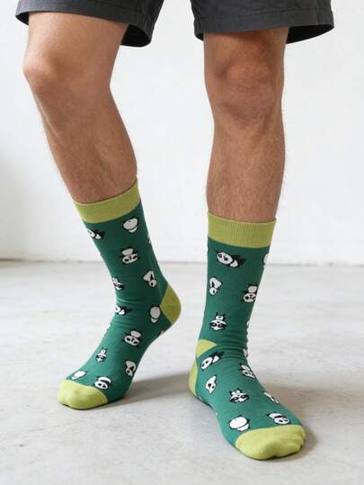 1 par de calcetines de media caña con diseño de panda y bloques de color para hombres, casuales para todas las estaciones