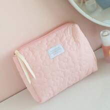 1pc Pink Quilted Cloud Cosmetic Bag, Fashionable Casual Large Capacity Portable Zipper Toiletry Bag, Travel Cable & Phone Organizer - Baby Pink - View 6