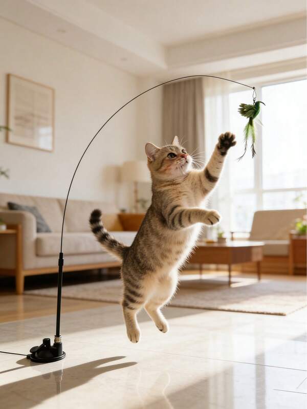 1pc Colorful Cat Teaser Wand - Handheld With Suction Cup Base, Interchangeable Feather/Insect Attachments, Indoor Cat Toy Designed To Stimulate Natural Instincts, Prevent Boredom And Chewing, Durable, Great Gift For Valentine's Day