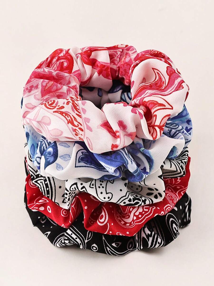 5pcs Women's Satin Lotus Flower Combination Tropical Floral Print Hair Scrunchies Hair Ties Scrunchy Hair Ties Ponytail Holders - Multicolor - View 1