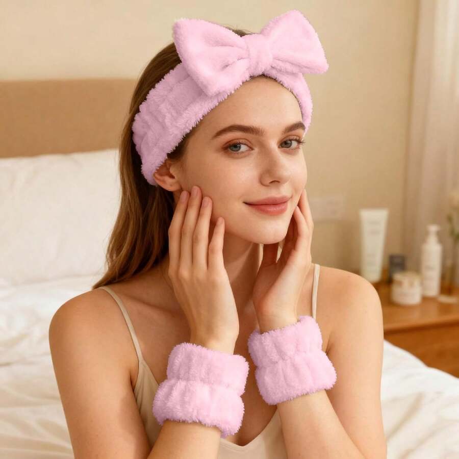 可爱大蝴蝶结毛绒发箍，防滑发带，化妆面膜面膜发箍，少女风高品质发饰 - 粉紅色 - 查看 1