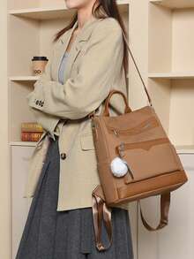 Backpack With PU Pom-Pom Decoration, Multifunctional Fashion Backpack For Women, Handbag, Shoulder Bag, Large Capacity, Multiple Pockets, Multi-Layer, Short Travel Bag - Brown - View 8
