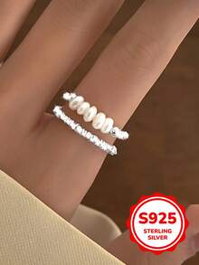 1 Stück S925 Sterling Silber Allergiearmer verstellbarer Ring, Design mit Zuchtperle & zerkleinerten Silberperlen, minimalistisch elegant einzigartiger Stil, geeignet für den täglichen Gebrauch, Urlaub, Valentinstag, Geburtstag, Muttertags Geschenk für Frauen - Silber + Süßwasserperlen - Übersicht 5
