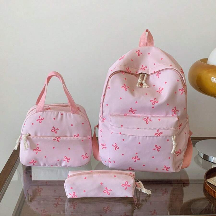 3pcs Bow Print Backpack Set For Women – Large Capacity College Backpack With Tote Bag & Pencil Case, Lightweight Casual Travel & Commuter Daypack - 粉色 - 查看 1