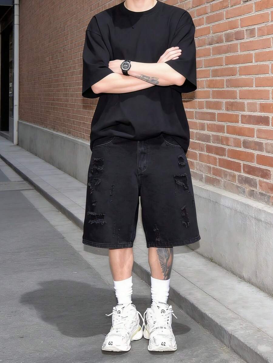 Quần short denim ống rộng dáng suông rách rưới, dài 5 inch, phong cách đường phố Mỹ. - màu đen - Xem 1