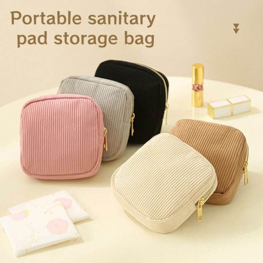 Multi-Color Sanitary Pad Storage Bag, Pink Sanitary Napkin Storage Bag, Portable Storage Bag, Large Capacity Minimalist Style, For Storing Sanitary Pads, Liners And Tampons, Essential For Girls, Great For Going Out, Striped Cosmetic Bag, Travel & Study Supplies, Travel Essential Cosmetic Bag, Holiday Essential Cosmetic Bag - 黑色 - 查看 1