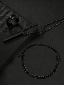 Bộ 3 món: Dây chuyền mặt dây + Vòng tay + Nhẫn, Bộ trang sức nam thường ngày, Món quà trang sức hoàn hảo, Quà tặng ngày Valentine - màu đen - Xem 2