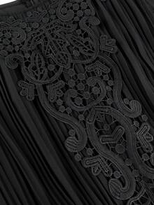 Plus Size Women's Black Pleated Chiffon Puff Sleeve Lace Decor Fitted A-Line Dress, Elegant For Wedding Guest, Cocktail Party, Formal Occasion Spring - Black - View 6