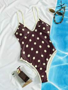 PEPPERMOLLY Traje de baño de mujer de lunares marrones, nuevo para primavera/verano 2026, con diseño de escote en V profundo y tirantes finos, ajustado y sexy, esencial para vacaciones de verano en la playa - Marrón - Ver 2