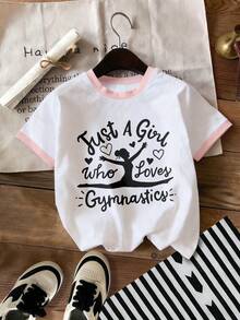 Camiseta de gimnasta con estampado gráfico, top de verano suave para adolescentes - Rosa - Ver 1