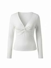1pc Women Deep V-Neck Twist Knot Hem Long Sleeve Base Layer Top - White - View 6