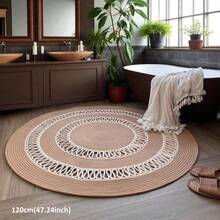 1 pieza Alfombra redonda de área de fibra de lino estilo bohemio tejida a mano, adecuada para la sala de estar - Patrón geométrico, alfombra beige, antideslizante, alfombra de jardín, alfombra de baño, lavable, fácil de limpiar, apta para mascotas, adecuada para dormitorio, interior/exterior, decoración de habitación, decoración navideña del hogar, decoración del hogar. - Café integral - Ver 14