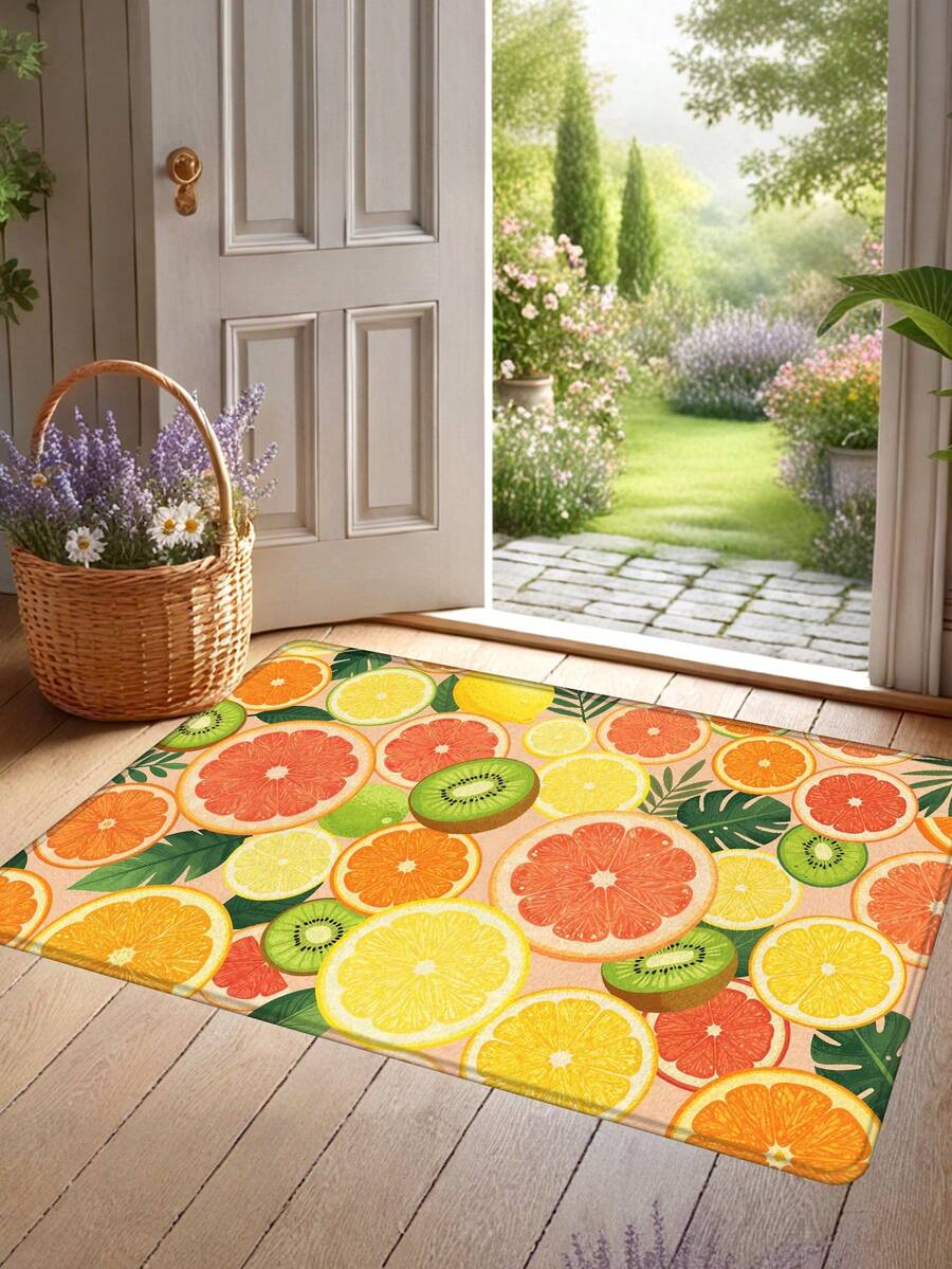 1pc Hand-Painted Tropical Fruit Slice Pattern Doormat, Washable Kitchen Carpet, Room Decor, Small Rug, Entryway Mat, Kitchen Floor Mat, Hallway Rug, Non-Slip Doormat, Indoor Outdoor Carpet, Home Doormat, Fruit Print Floor Mat, Summer Fresh Doormat, Orange Fruit Doormat, Summer Produce Entryway Mat, Housewarming Decor - Colorful Fresh Fruits - View 1