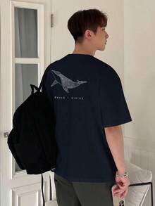 Camiseta de manga corta de verano para hombre con estampado de ballena y dibujo de líneas y letras - Negro - Ver 3