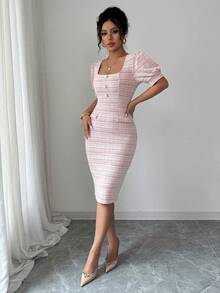 Đầm ôm sát thanh lịch, lãng mạn dành cho nữ, tay áo cánh hoa, cổ vuông, eo thon. - Đỏ và trắng - Xem 1