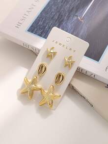 Set de 6-12 piezas de pendientes elegantes con conchas marinas, estrellas de mar y diseños geométricos de metal, accesorios de joyería adecuados para uso diario para mujeres - Dorado - Ver 3