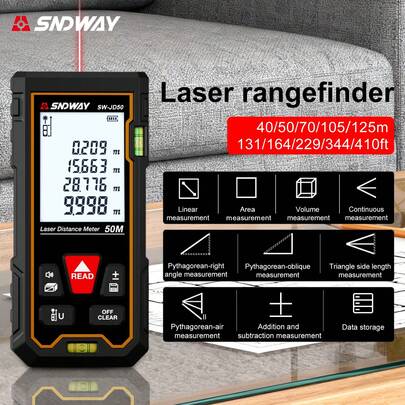 SNDWAY 1 pièce Télémètre laser numérique avec 2 niveaux à bulle, outil de mesure laser précis, plage de mesure 50m/70m/105m/125m, précision 2mm, peut mesurer la surface, le volume et le théorème de Pythagore