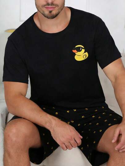 Conjunto de pijama casual de verano para hombres, camiseta de cuello redondo delgada con gafas de moda de dibujos animados e impresión de pato amarillo, pantalones cortos, ropa de dormir cómoda y linda