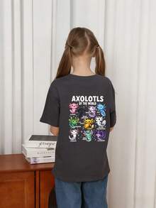 Young Girl Casual Funny Print Crew Neck Short Sleeve T-Shirt, Summer Top - Dark Grey - View 2