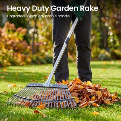 Heavy Duty Garden Rake – 25-Tine Metal Leaf Rake With 80–165cm Adjustable Handle, 53cm Wide Head For Yard Cleanup, Lawn Leveling & Soil Levelling