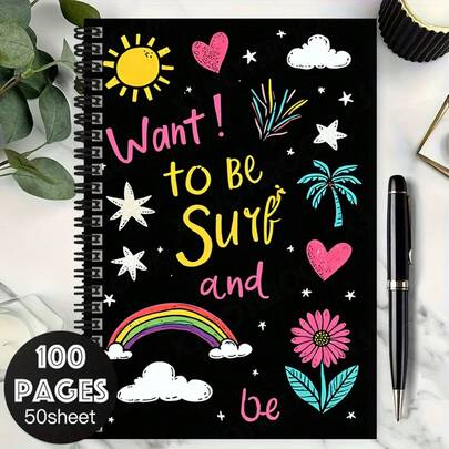 Quaderno a spirale creativo di 100 pagine con elementi disegnati a mano come sole e arcobaleno, stampato "Voglio essere surf e essere", adatto per lavoro, studio, pianificazione quotidiana, scrittura di diari, ottimo regalo per laurea o compleanno