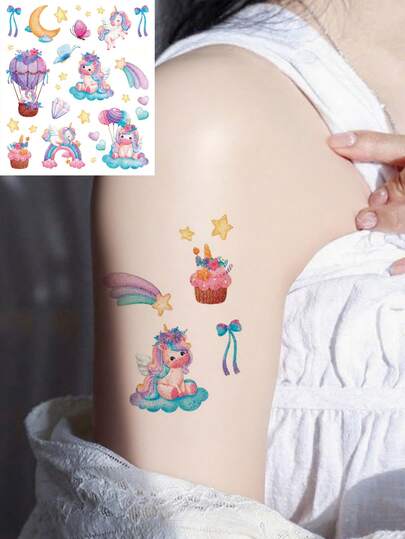 1张闪光人体彩绘临时纹身贴纸，梦幻多彩的独角兽、月亮、星星和彩虹图案。防水假纹身，可持续2-5天，可用于手部、手臂、颈部、肩部、胸部、腰部、腿部和脚踝。适合节日、派对、送礼、度假和音乐节等场合。